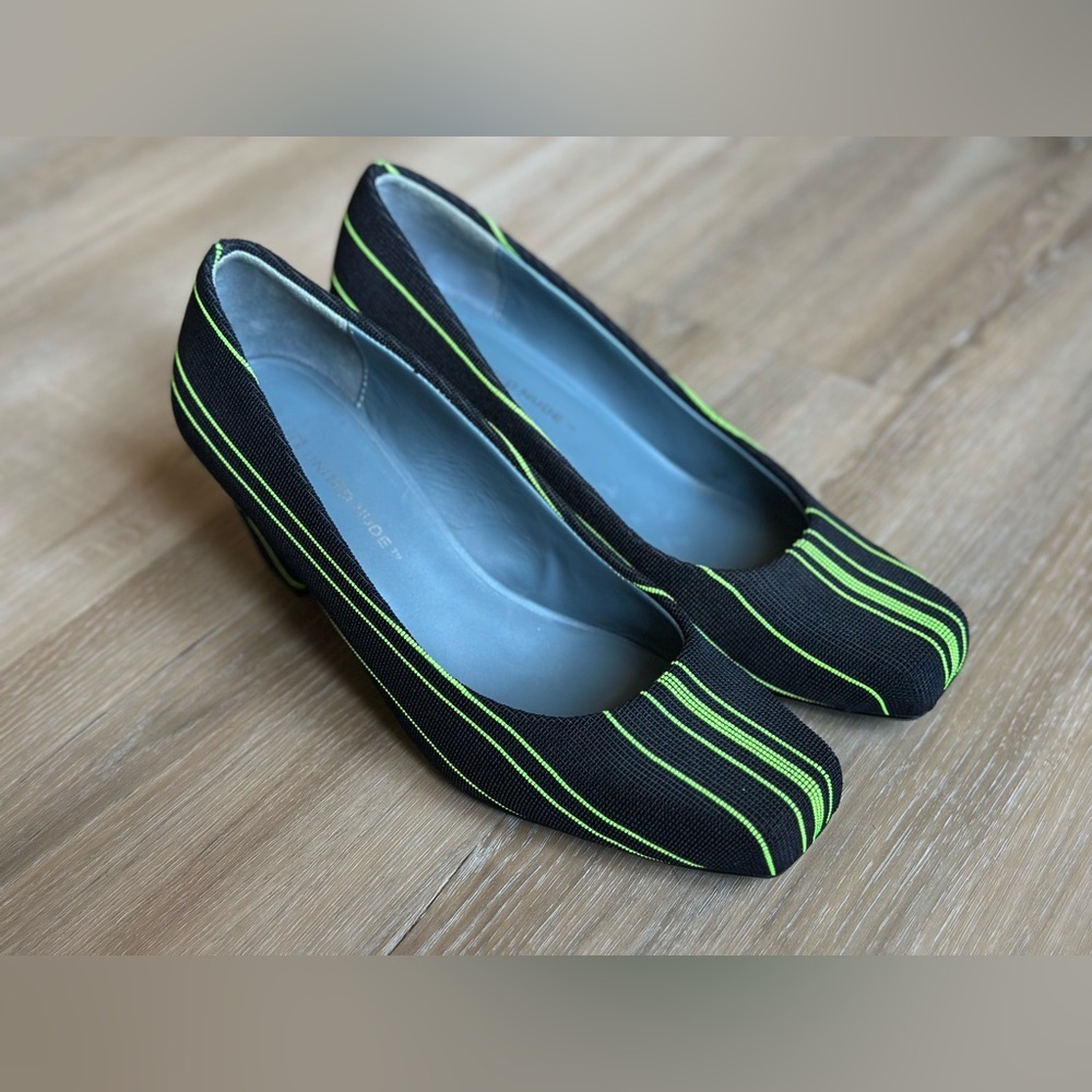 United Nude Black Heels with Neon Green Stripe Detail